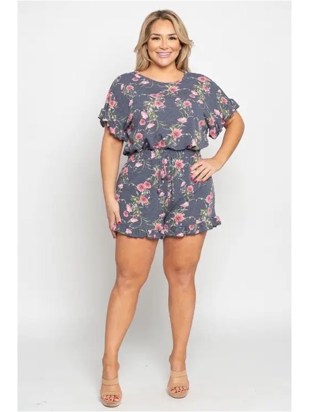 Floral Ruffle 2-Piece Set in Slate Gray and Pink